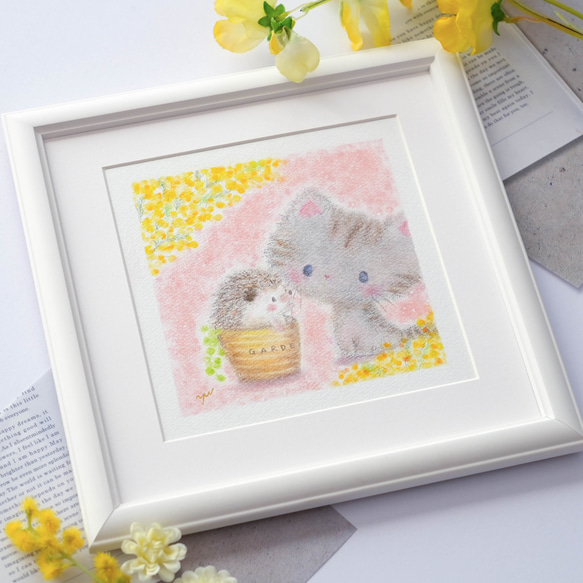 原画】「優しい時間」 パステルアート はりねずみ 猫 ねこ ネコ