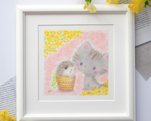 原画】「優しい時間」 パステルアート はりねずみ 猫 ねこ ネコ