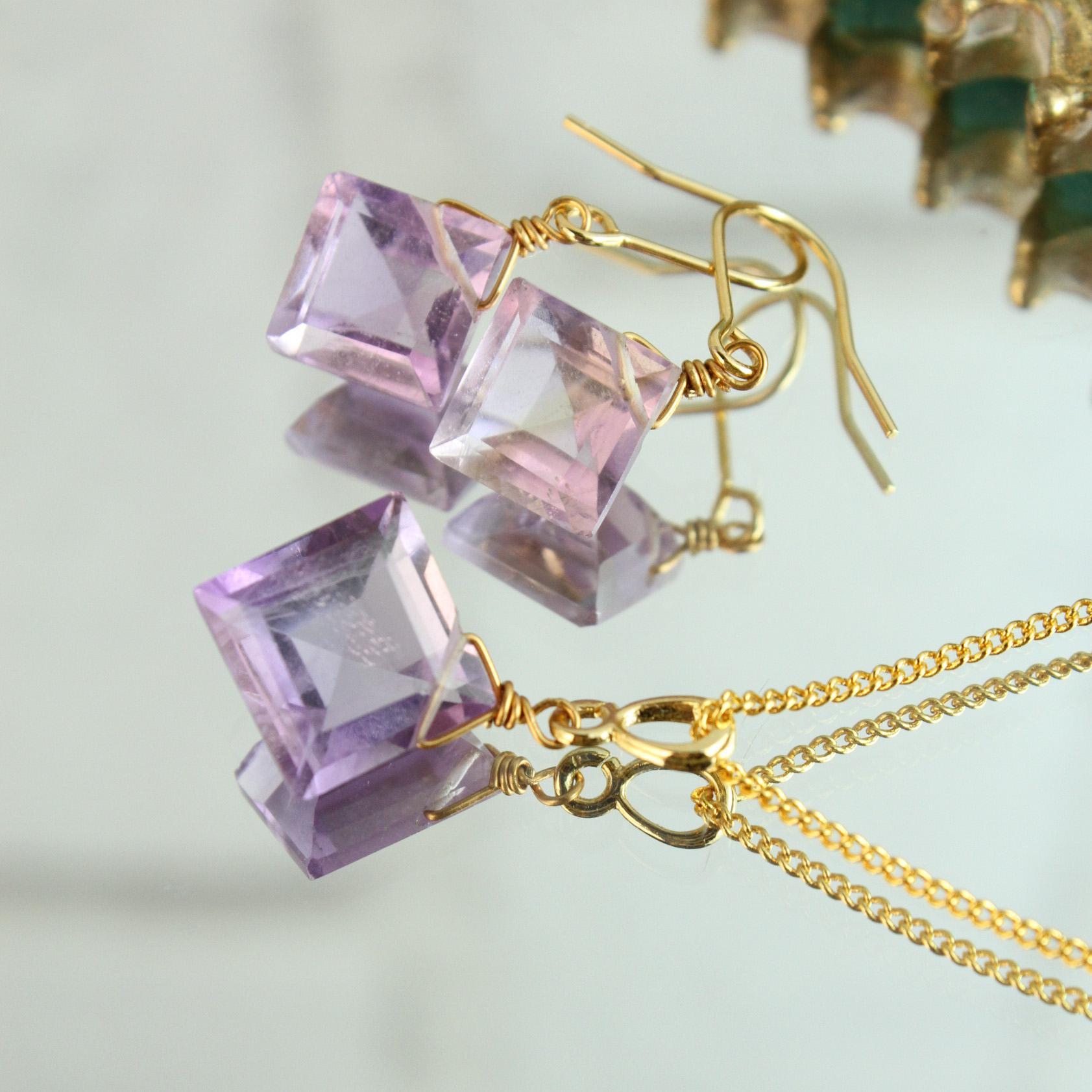 【ギフトセット】宝石質アメジスト耳飾り＆ネックレス