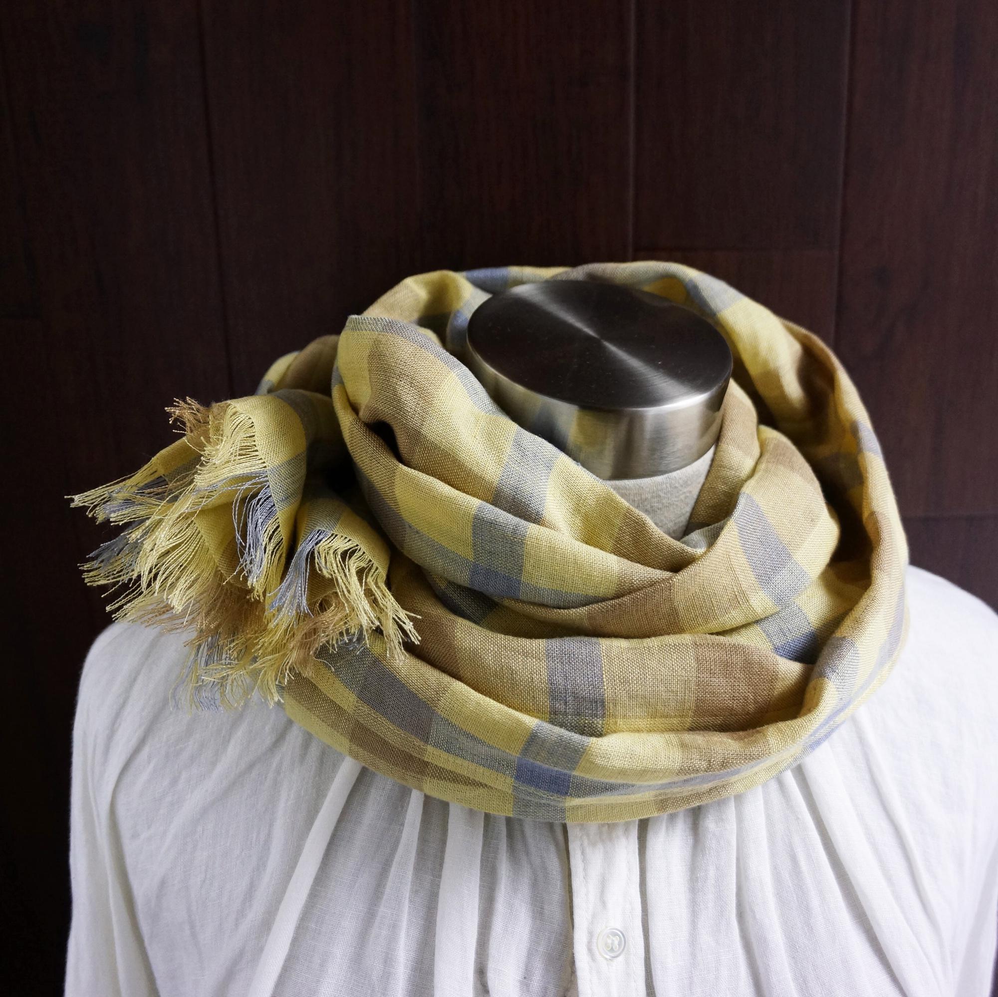 秋冬 上質リネンのストール　 チェック　イエロー