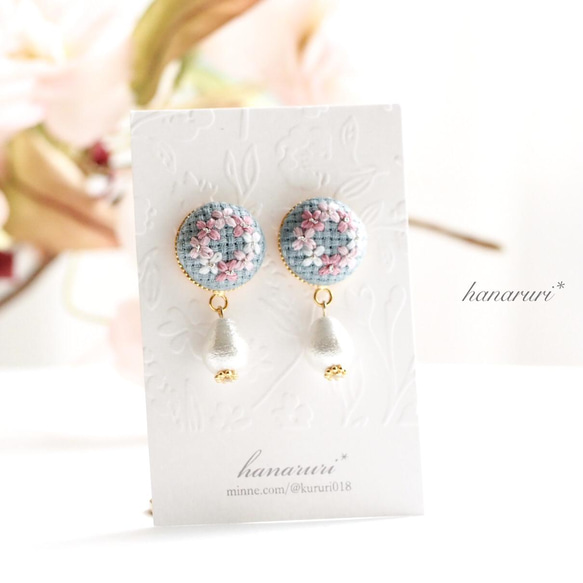 刺繍のイヤリングorピアス・パール《桜・リース》 イヤリング 