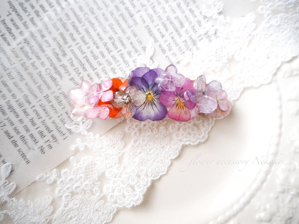 ビオラと紫陽花のバレッタ