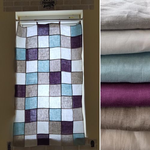 アンティークリネンラミー パッチワークペイント カーテン 大きめ　ブロカント 7bc32c6386b606911278ccf3fd6cb4