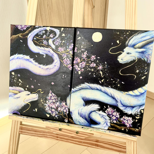 2匹の龍が舞うアクリル画【原画】kizuna 〜想い〜 絵画 棉月 水