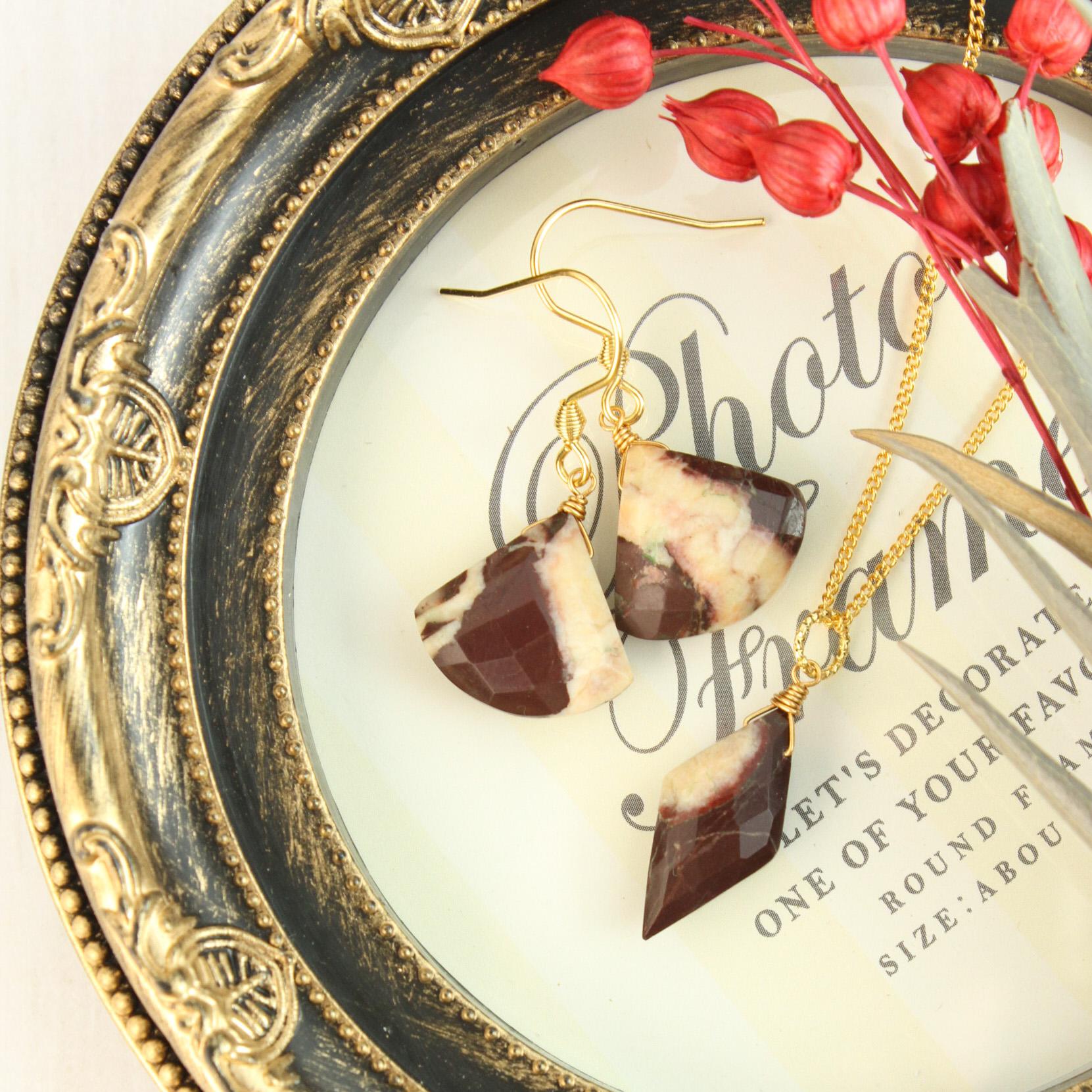 【1個限定】チョコレートジャスパー 耳飾りとネックレスセット