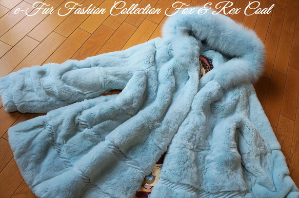 晴れた冬の朝のような美しいスカイブルー☆フォックス×レッキス毛皮コート　くすみカラー　リアルファーコート 4枚目の画像