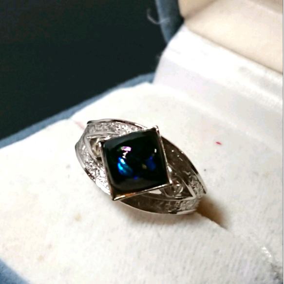 七宝焼指輪 リング ダイヤ型 ひし形 黒 シルバー 1枚目の画像