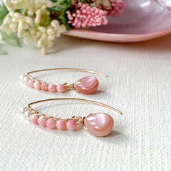 14kgf*粉紅貝殼淡水珍珠櫻桃欖尖形耳環*天然石材 第1張的照片
