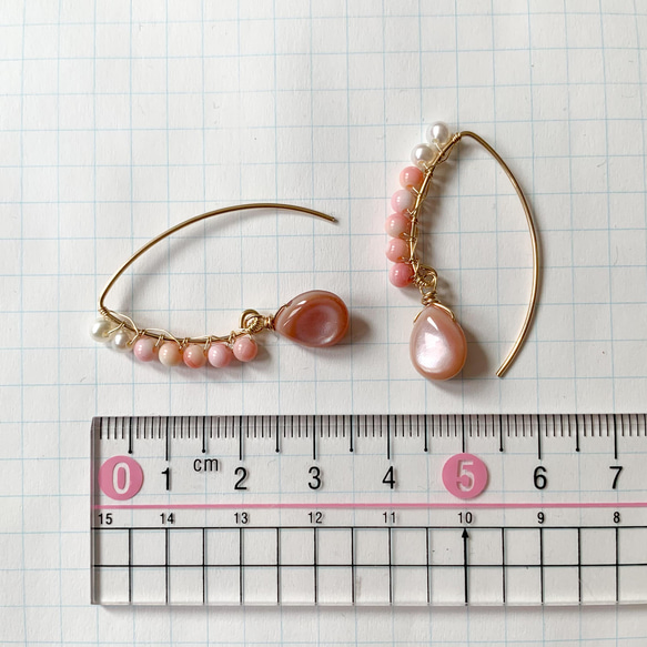14kgf*粉紅貝殼淡水珍珠櫻桃欖尖形耳環*天然石材 第9張的照片