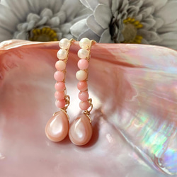 14kgf*粉紅貝殼淡水珍珠櫻桃欖尖形耳環*天然石材 第7張的照片