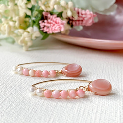 14kgf*粉紅貝殼淡水珍珠櫻桃欖尖形耳環*天然石材 第6張的照片