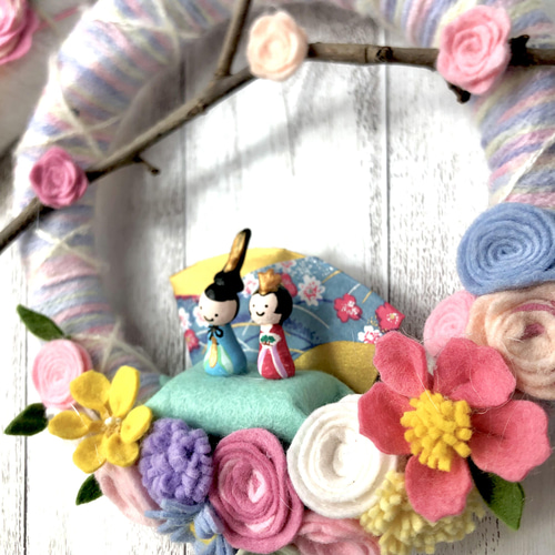 完全手作り】フェルトの華やかお雛様リース 中colorful リース