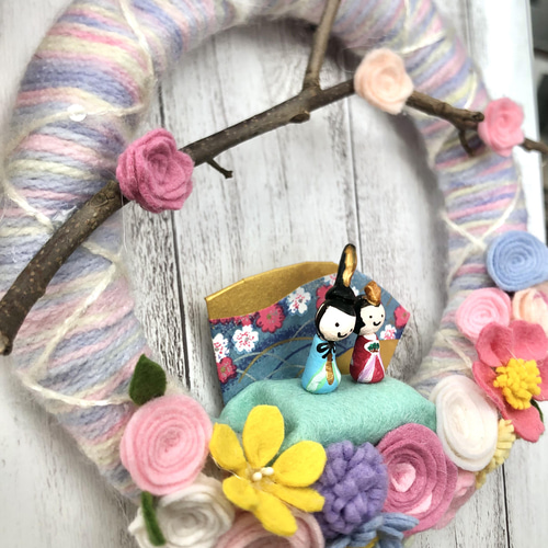 完全手作り】フェルトの華やかお雛様リース 中colorful リース