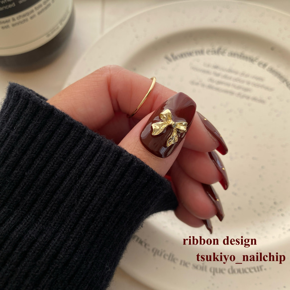 【オーダー】ネイルチップ　ネイビー　ゴールド　リボン　ハート ネイルチップ シンプルネイビー リボン×ハート ネイルチップ