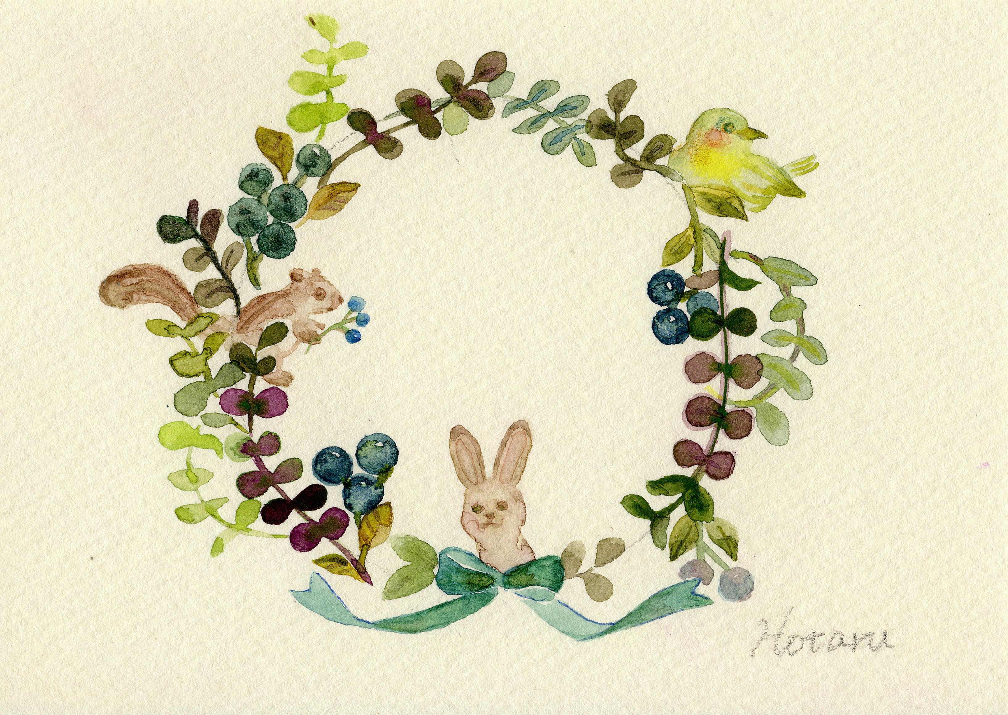 額付き＊水彩原画＊ユーカリとうさぎと鶯のリース 絵画 hotaru