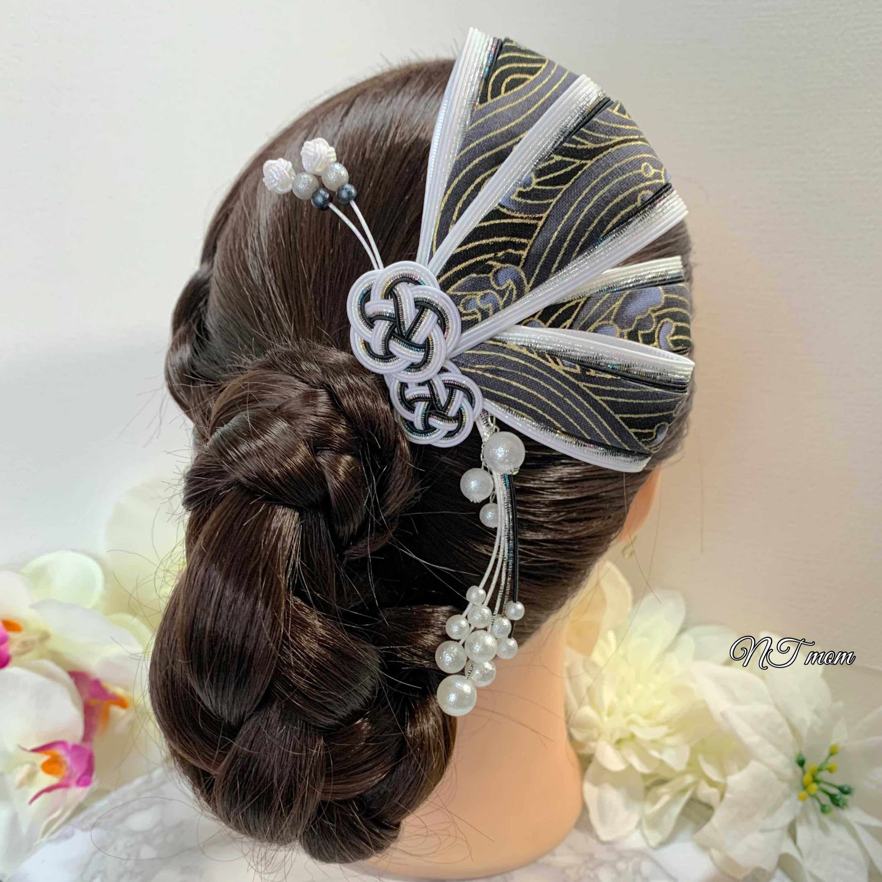 成人式卒業式・和装水引髪飾り・蝶リボン・モノクローム