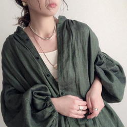 【秋色グリーン】relaxingリネン100%シャンブレー生地のボリューム袖ワンピース　 14枚目の画像