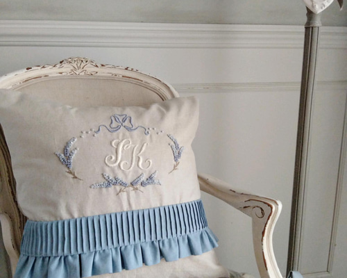 アンティークフランス 花文字モノグラムＥＣ手刺繍 リネンラージクッションカバー France Antique クッションカバー/MONOGRAM 