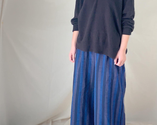 会津木綿　ハンドメイド　ワイドパンツ 会津木綿のワイドパンツ＊黒×グレー Mサイズ ロングパンツ