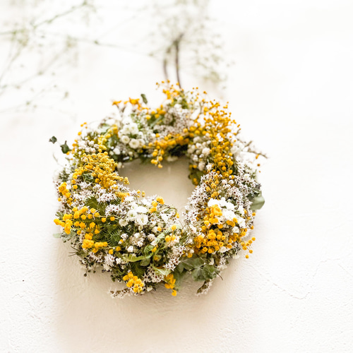 期間限定SALE ミモザとかすみ草のふわふわリース ドライフラワー  