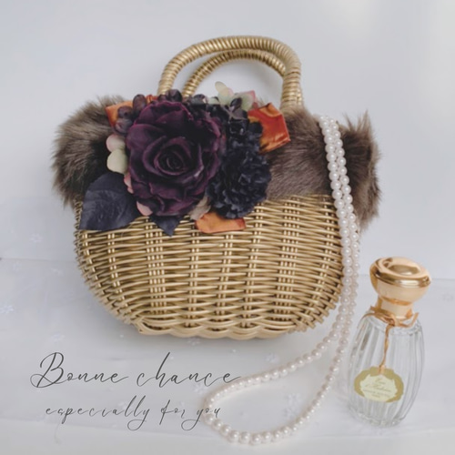 カゴバッグ ファー付きバッグ エコファー おしゃれ 冬 ゴールド  