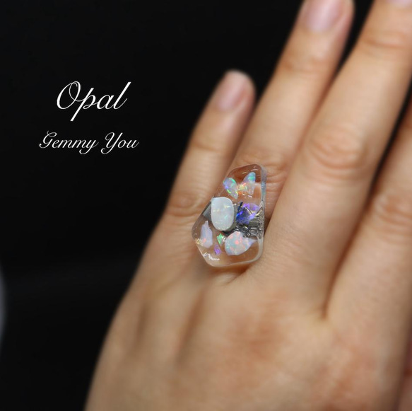 Opal オパール レジン リング サージカルステンレス シルバーバンド フリーサイズ 天然石 レジン 1枚目の画像