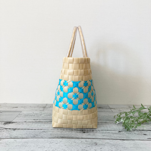 プラかごバッグ Mサイズ 花柄 ブルー系 プラカゴ ppバンド プラカゴ