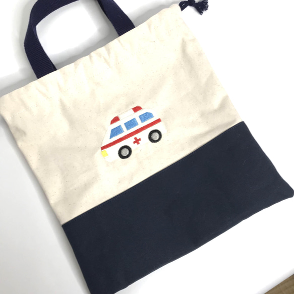 入園入学準備　刺繍　レッスンバッグ　シューズ入れ　体操服袋　消防車救急車パトカー　3点セット 9枚目の画像