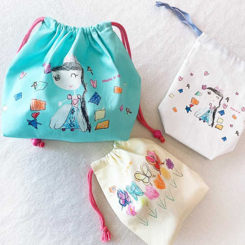 子供の絵で作る・お弁当袋セット：お弁当袋+コップ袋+ランチョンマット