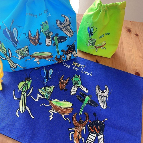子供の絵で作る・お弁当袋セット：お弁当袋+コップ袋+ランチョンマット