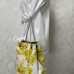 ミモザハンドメイド2023  フランス生地ミモザ柄を使った2way巾着バッグ（ショルダーにも） 7枚目の画像