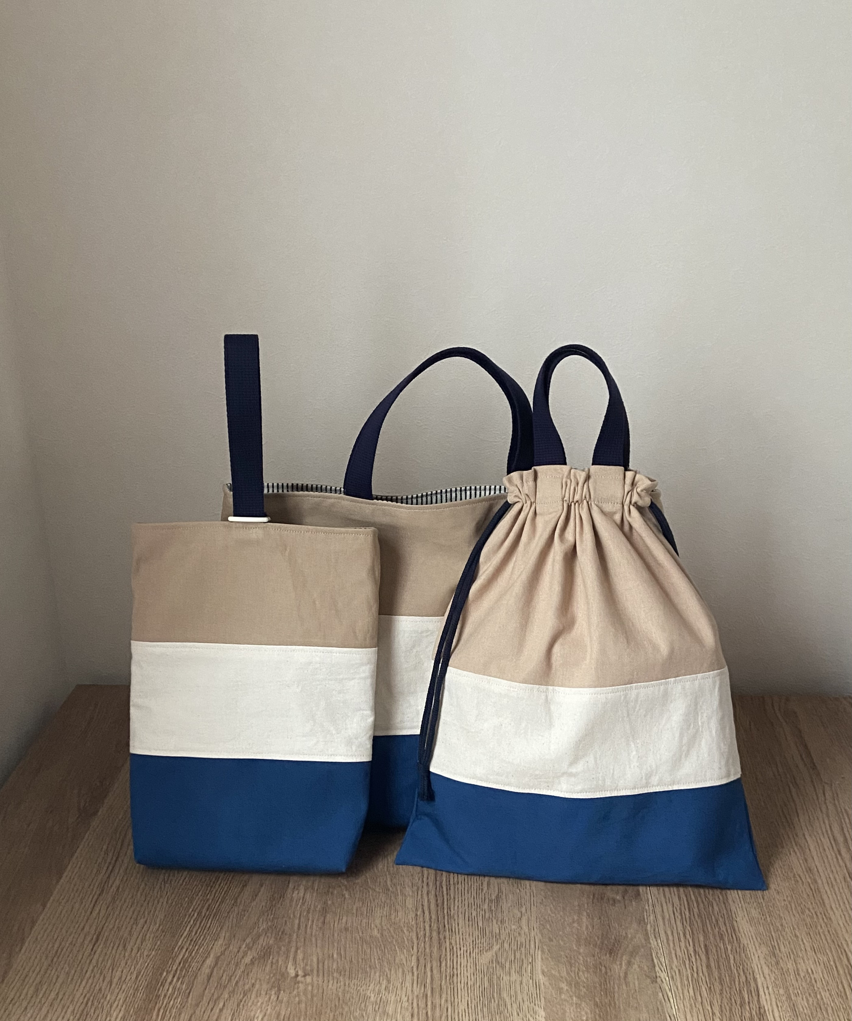 【受注生産】レッスンバッグ ヒッコリー 11号帆布・シューズバッグ・体操着袋（持ち手付き）3点セット  コバルトブルー