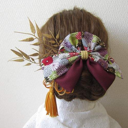 髪飾りリボン✿古典和柄（白）3点セット 着物 振袖 袴 浴衣 訪問着  