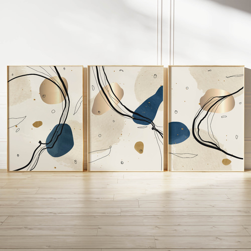 アートポスター 北欧風 抽象画 ネイビー ゴールド ベージュ 曲線 流線