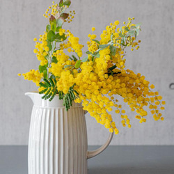 【花瓶&フレッシュミモザ】陶器マグとフレッシュミモザの花束をセットでお届け！ 高さ35cm 可愛いレモンイエロー 1枚目の画像