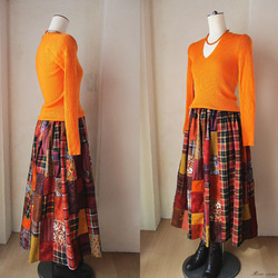 K様ご予約品 絵画なパッチワークロングスカート♥ダークオレンジ ウエストゴム たっぷりギャザー 5枚目の画像