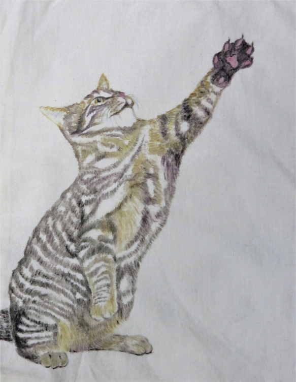 画家の両面手描き猫バック(キジトラ猫)　一点物　エコバック　トートバック　綿100％　生成り　A4 1枚目の画像
