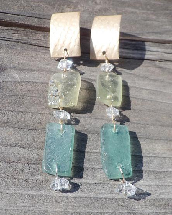 Roman-Glass & Herkimer Rectangle Earrings ☆ローマングラス☆チタン 7枚目の画像