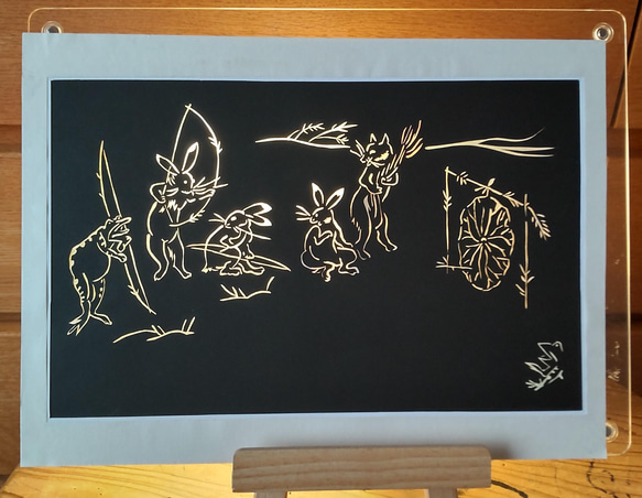 鳥獣戯画 ウサギ キツネ 当たるかな？ 切り絵 yamatai 通販 13385182