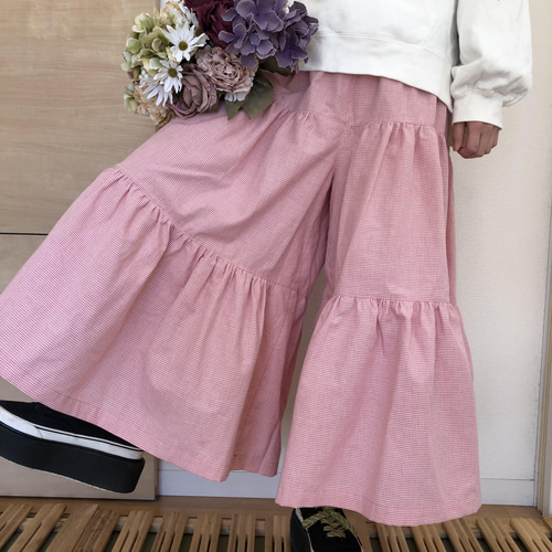 定番】ギャザーたっぷりガウチョ桜カラーピンクギンガムチェック  