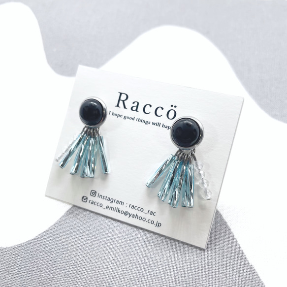 2way fringe pierce  (オニキス＋ライトブルー) ステンレスピアス 4枚目の画像