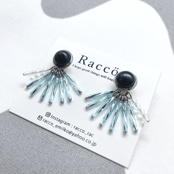 2way fringe pierce  (オニキス＋ライトブルー) ステンレスピアス 3枚目の画像