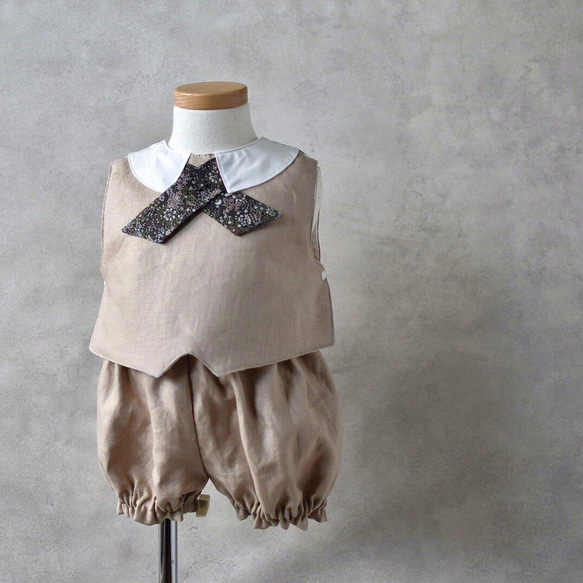 Cross Tie Best Bib & Pumpkin Pants(Beige Linen) 1枚目の画像