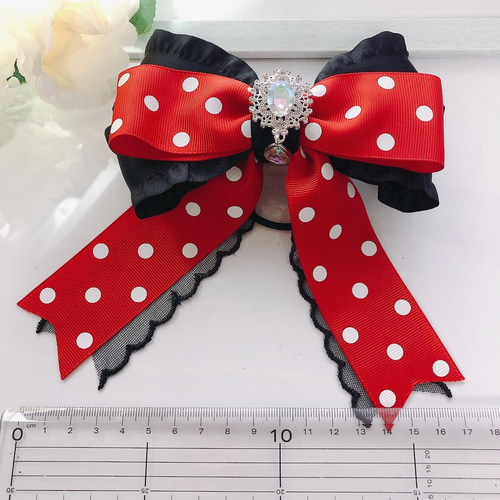 ハンドメイド リボン 選べる ビジュー 黒赤 ドット サテン