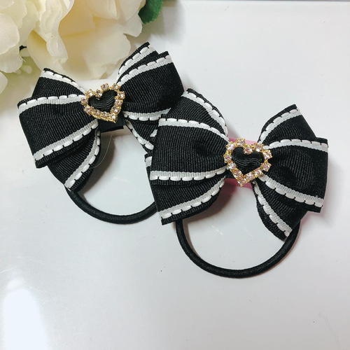 ハンドメイド リボン ヘアゴム 選べる 一色2個セット ビジュー