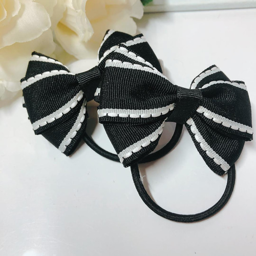 【135】 ハンドメイド　リボン　ヘアゴム ハンドメイド リボン ヘアゴム 選べる 一色2個セット ビジュー