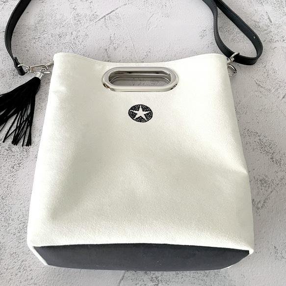 折り畳める☆斜めがけミニ2wayトート：オフホワイト×ブラック 12枚目の画像