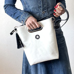 折り畳める☆斜めがけミニ2wayトート：オフホワイト×ブラック 15枚目の画像