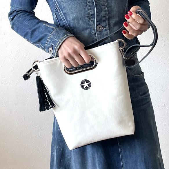 折り畳める☆斜めがけミニ2wayトート：オフホワイト×ブラック 15枚目の画像