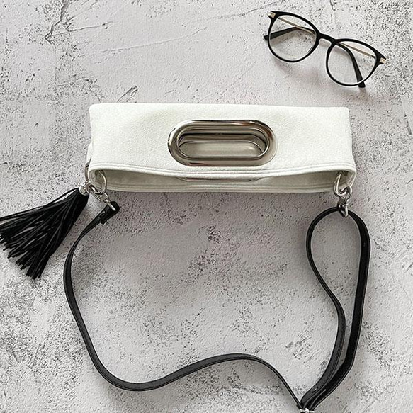 折り畳める☆斜めがけミニ2wayトート：オフホワイト×ブラック 5枚目の画像